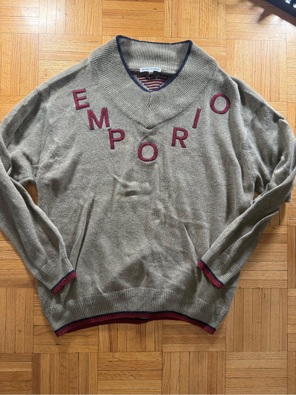 Emporio Armani Beige V-Neck Sweater with Red Trim